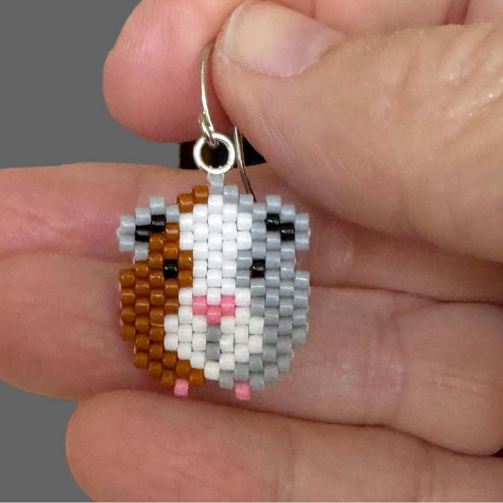 Hand crafted Guinea Pig Beaded Earrings - Brown and White - Picture 2 of 3